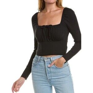 LUSH Black Blouse Top Long Sleeve Square Elastic Neck Bow Jersey Stretch Women S